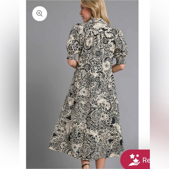 Umgee Floral Black and Cream Smocked Cuff Puff Sleeve Midi Dress Size XL - Picture 2 of 8